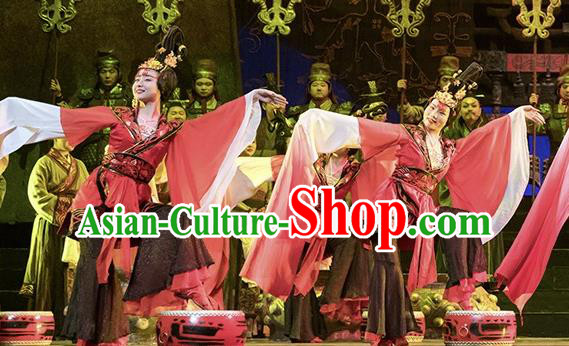 Cai Wenji Chinese Opera Classical Dance Red Dress Stage Performance Dance Costume and Headpiece for Women