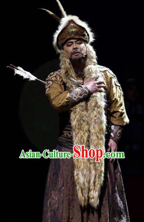 Cai Wenji Chinese Opera Ancient Han Dynasty Huns King Clothing Stage Performance Dance Costume and Headpiece for Men