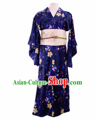 Traditional Japanese Printing Cherry Blossom Blue Kimono Asian Japan Yukata Dress for Women