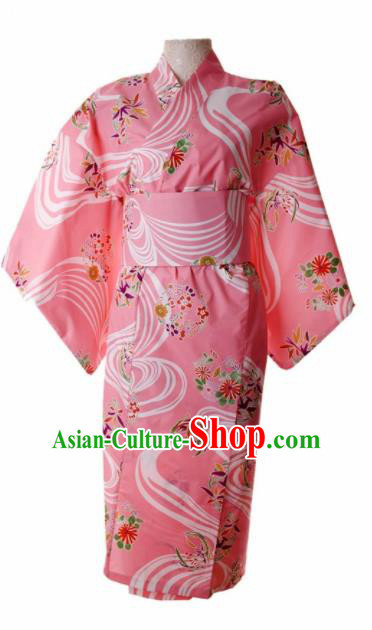 Traditional Japanese Printing Cherry Blossom Pink Kimono Asian Japan Yukata Dress for Women