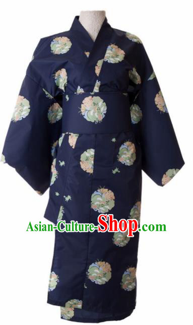 Traditional Japanese Printing Orchid Navy Kimono Asian Japan Yukata Dress for Women