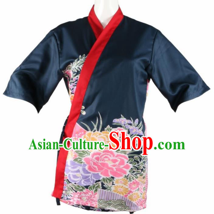 Traditional Japanese Printing Peony Black Yamato Shirt Kimono Asian Japan Costume for Men
