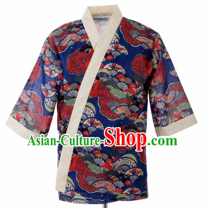 Traditional Japanese Printing Fans Royalblue Yamato Shirt Kimono Asian Japan Costume for Men