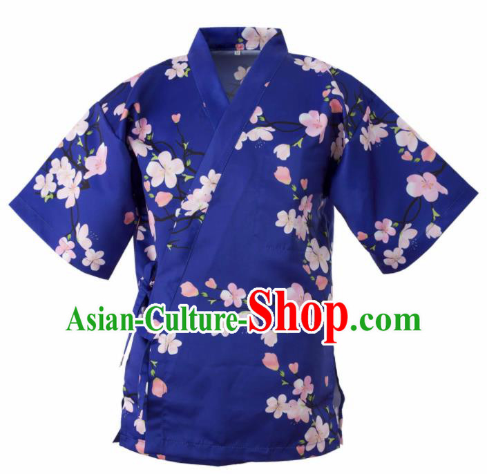 Traditional Japanese Printing Flowers Blue Yamato Shirt Kimono Asian Japan Costume for Men