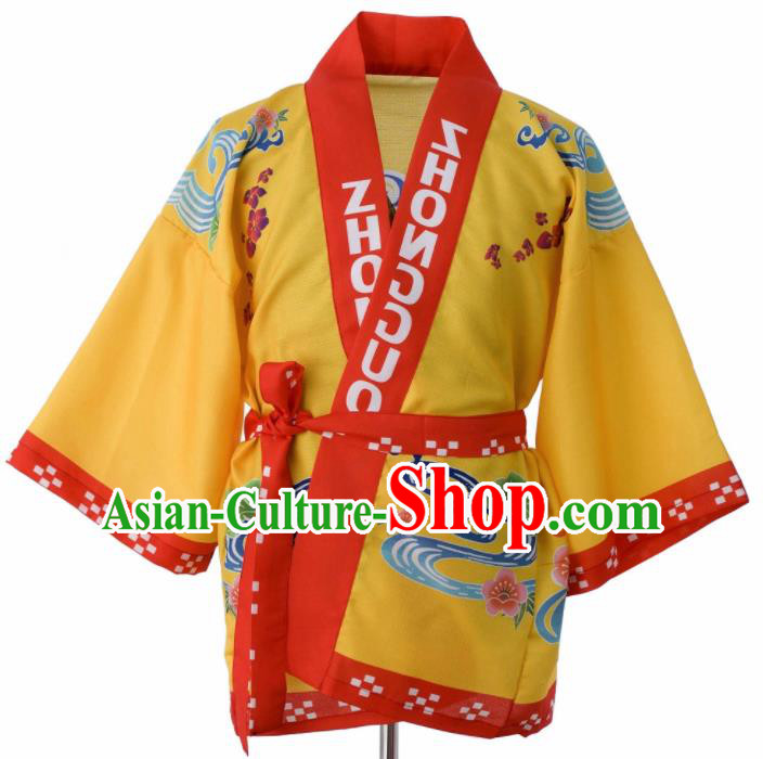 Traditional Japanese Printing Yellow Yamato Shirt Kimono Asian Japan Costume for Men