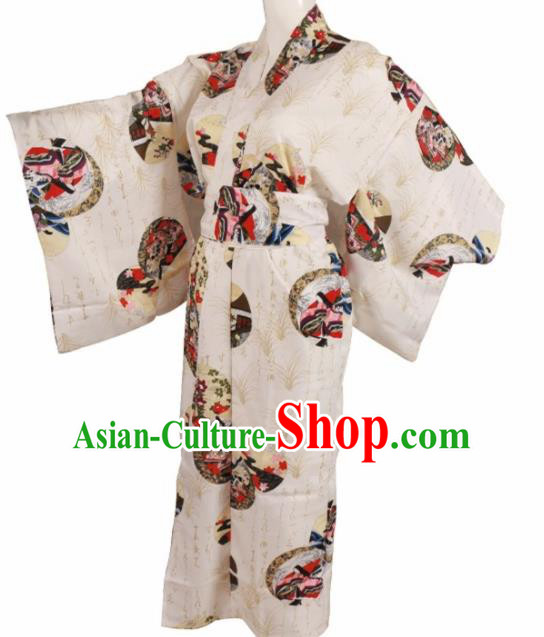 Traditional Japanese Printing White Kimono Asian Japan Blue Dress for Women