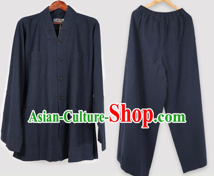 Traditional Chinese Monk Costume Meditation Navy Shirt and Pants for Men