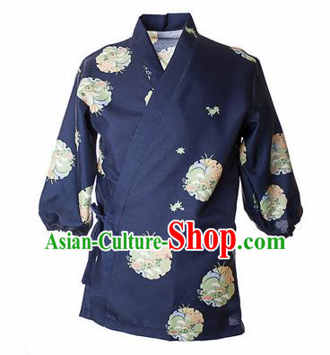 Traditional Japanese Printing Orchid Navy Shirt Kimono Asian Japan Costume for Men