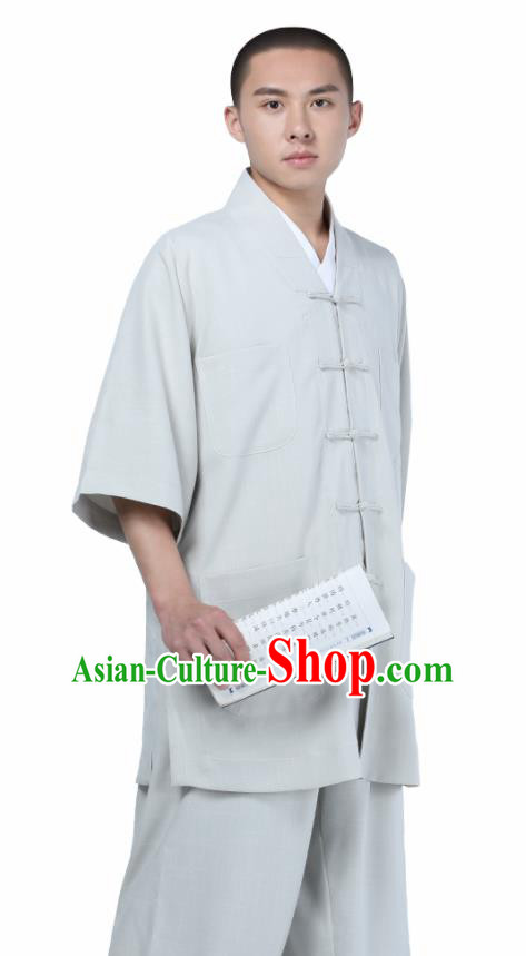 Traditional Chinese Monk Costume Meditation Light Grey Shirt and Pants for Men