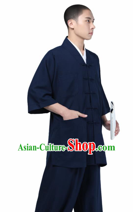 Traditional Chinese Monk Costume Meditation Navy Shirt and Pants for Men