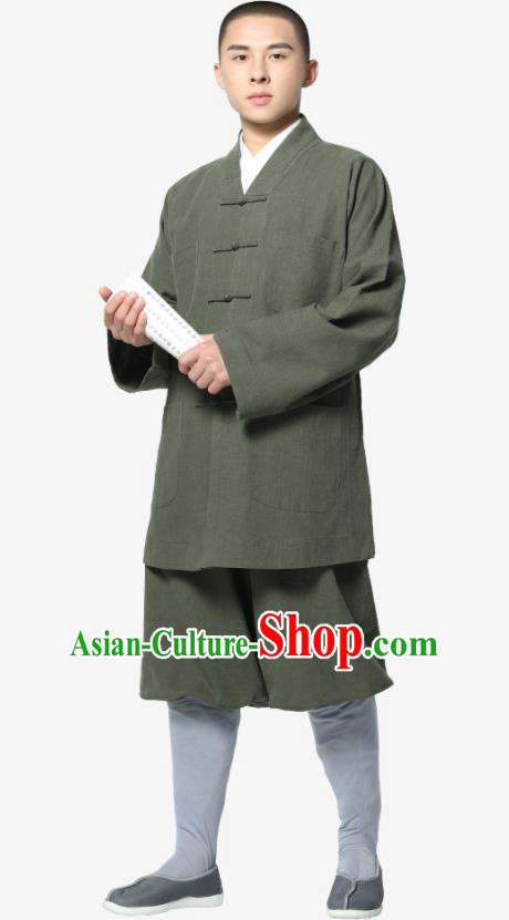 Traditional Chinese Monk Costume Meditation Olive Green Ramie Shirt and Pants for Men