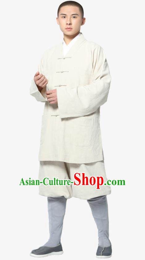 Traditional Chinese Monk Costume Meditation White Ramie Shirt and Pants for Men