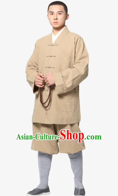 Traditional Chinese Monk Costume Meditation Khaki Ramie Shirt and Pants for Men