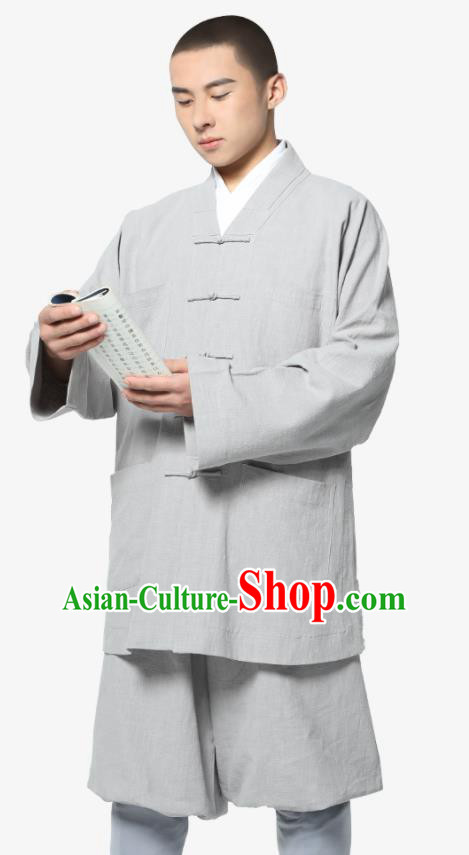 Traditional Chinese Monk Costume Meditation Grey Ramie Shirt and Pants for Men