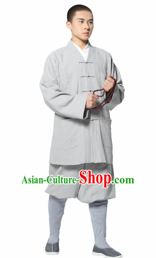 Traditional Chinese Monk Costume Meditation Grey Ramie Shirt and Pants for Men