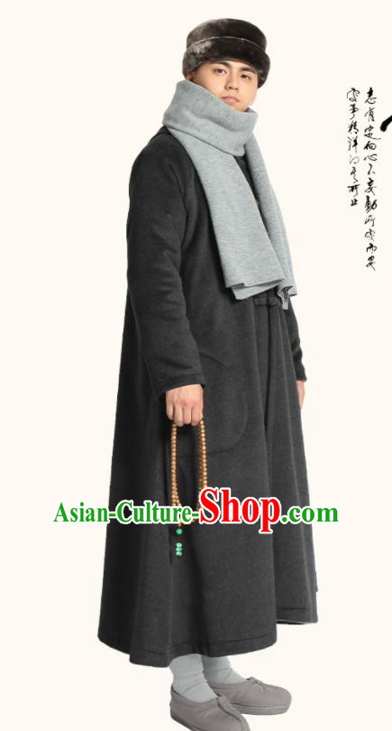 Traditional Chinese Monk Costume Lay Buddhists Deep Grey Dust Coat for Men