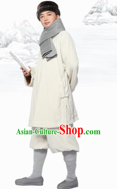 Traditional Chinese Monk Costume Meditation White Flax Outfits Shirt and Pants for Men