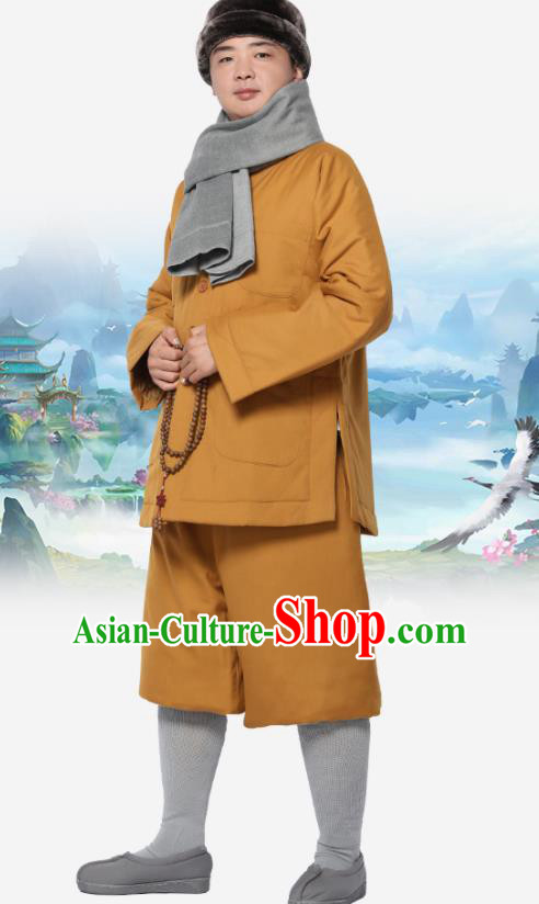 Traditional Chinese Monk Costume Meditation Outfits Khaki Cotton Wadded Jacket Shirt and Pants for Men