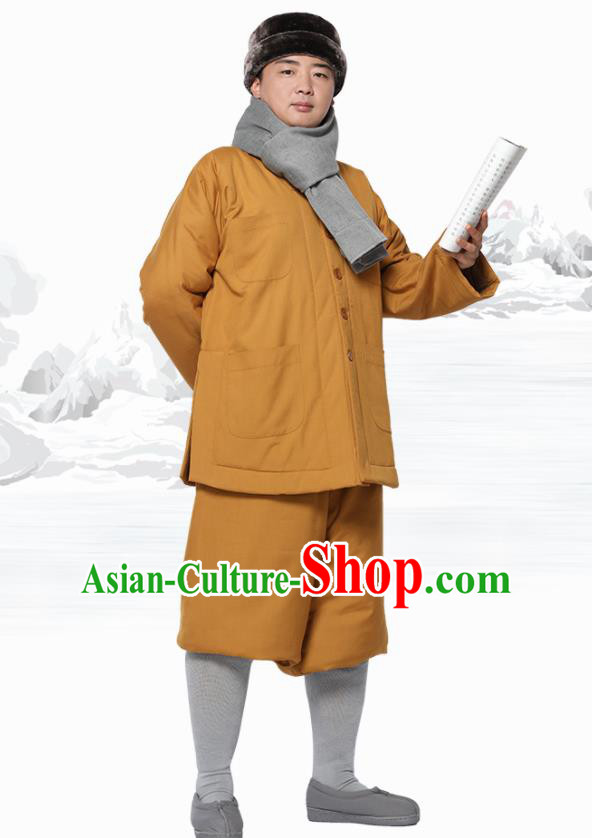 Traditional Chinese Monk Costume Meditation Outfits Khaki Cotton Wadded Jacket Shirt and Pants for Men