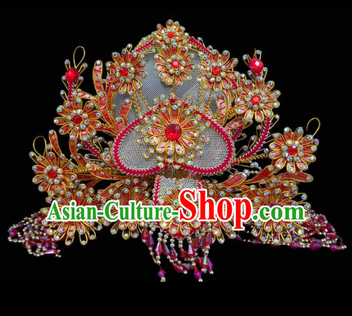 Chinese Traditional Beijing Opera Hair Accessories Peking Opera Diva Red Beads Phoenix Coronet for Adults