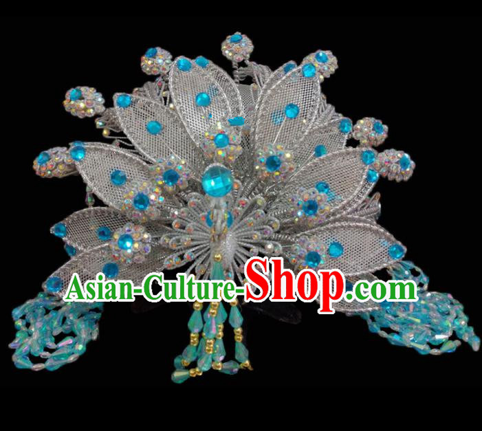 Chinese Traditional Beijing Opera Hair Accessories Peking Opera Diva Blue Beads Phoenix Coronet for Adults