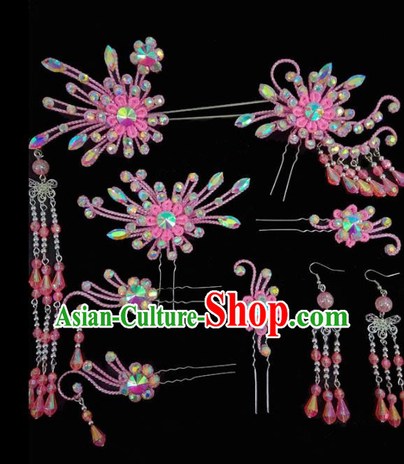 Chinese Traditional Beijing Opera Hair Accessories Peking Opera Diva Pink Flower Tassel Hairpins Complete Set for Adults