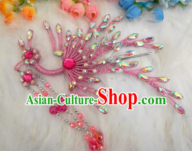 Chinese Traditional Beijing Opera Hair Accessories Peking Opera Diva Pink Phoenix Hairpins for Adults