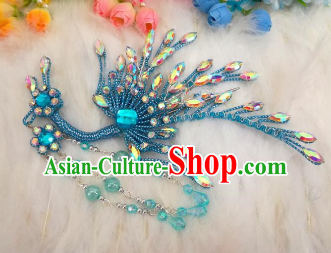 Chinese Traditional Beijing Opera Hair Accessories Peking Opera Diva Blue Phoenix Hairpins for Adults