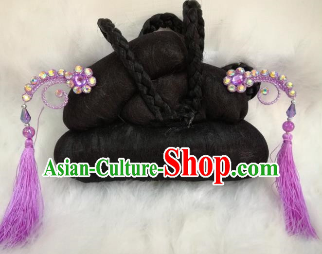 Chinese Traditional Beijing Opera Hair Accessories Peking Opera Purple Tassel Hairpins for Adults