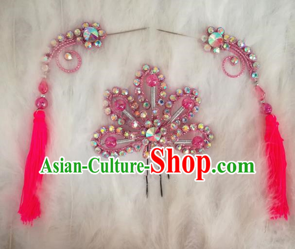 Chinese Traditional Beijing Opera Hair Accessories Peking Opera Rosy Flower Hairpins Tassel Step Shake for Adults