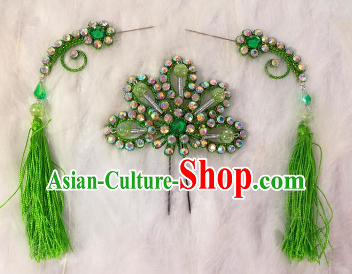 Chinese Traditional Beijing Opera Hair Accessories Peking Opera Green Flower Hairpins Tassel Step Shake for Adults
