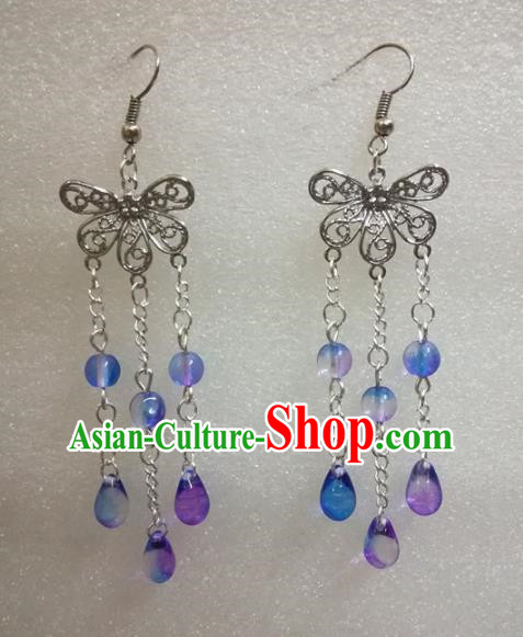 Chinese Traditional Beijing Opera Accessories Peking Opera Purple Beads Tassel Butterfly Earrings for Adults