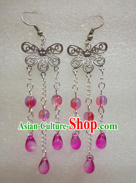 Chinese Traditional Beijing Opera Accessories Peking Opera Rosy Beads Tassel Butterfly Earrings for Adults