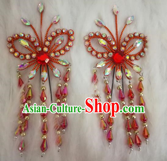 Chinese Traditional Beijing Opera Hair Accessories Peking Opera Red Butterfly Tassel Hairpins for Adults