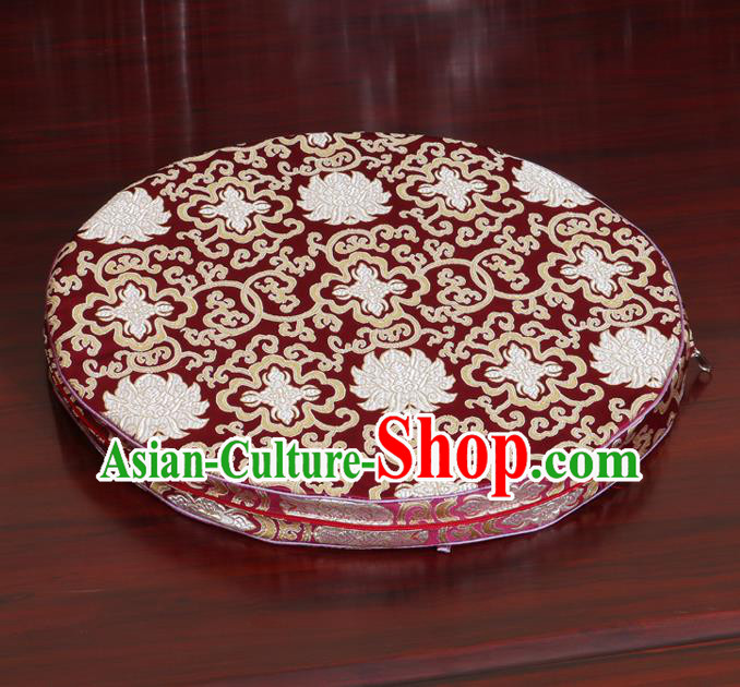 Chinese Classical Household Ornament Wine Red Brocade Rush Cushion Cover Traditional Lotus Pattern Mat Cover