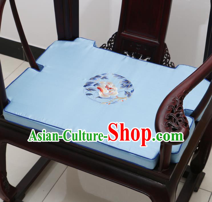 Chinese Classical Household Ornament Armchair Cushion Cover Traditional Embroidered Peony Blue Brocade Mat Cover