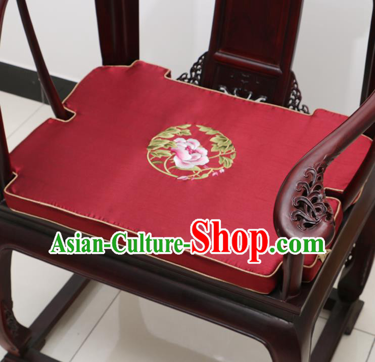 Chinese Classical Household Ornament Armchair Cushion Cover Traditional Embroidered Peony Purplish Red Brocade Mat Cover