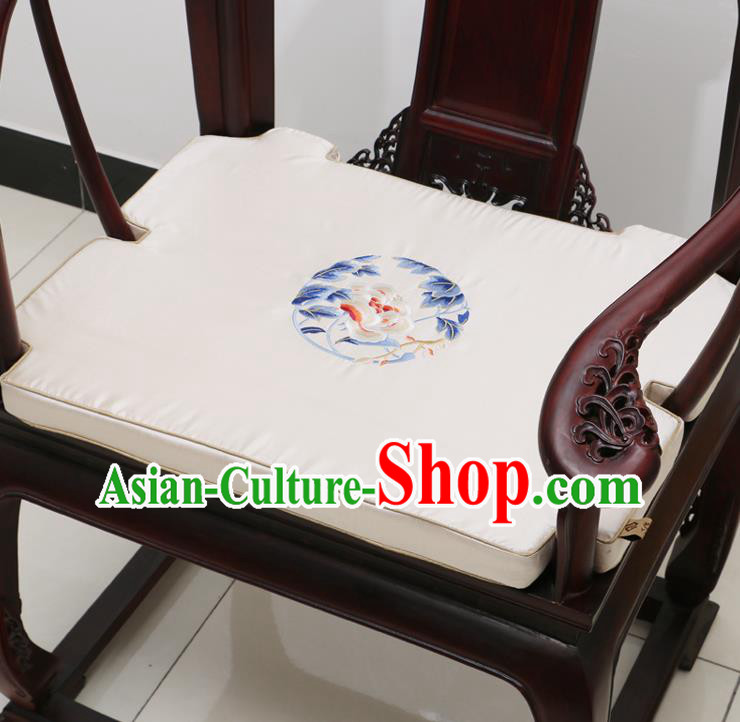 Chinese Classical Household Ornament Armchair Cushion Cover Traditional Embroidered Peony White Brocade Mat Cover