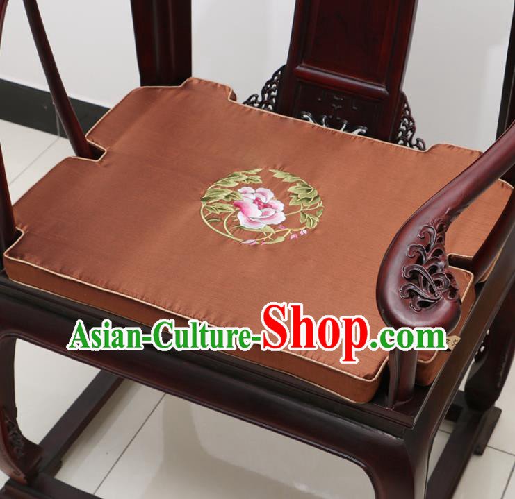 Chinese Classical Household Ornament Armchair Cushion Cover Traditional Embroidered Peony Brown Brocade Mat Cover