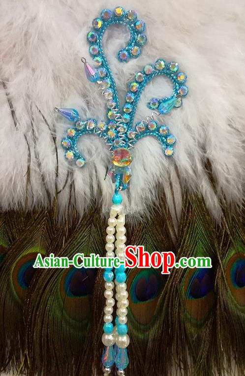 Chinese Traditional Beijing Opera Hair Accessories Peking Opera Beads Tassel Blue Phoenix Hairpins for Adults