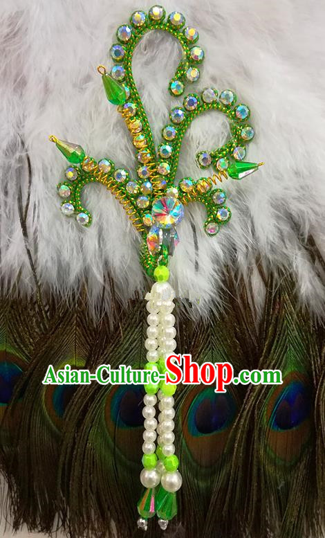 Chinese Traditional Beijing Opera Hair Accessories Peking Opera Beads Tassel Green Phoenix Hairpins for Adults