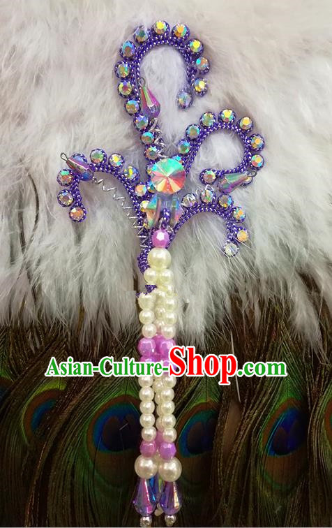 Chinese Traditional Beijing Opera Hair Accessories Peking Opera Beads Tassel Purple Phoenix Hairpins for Adults