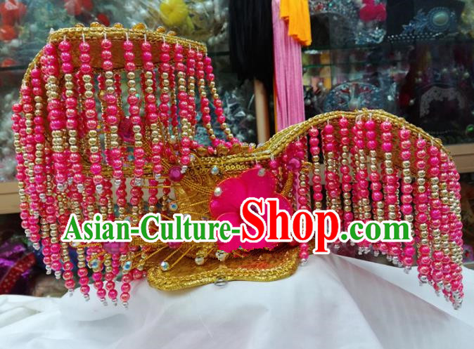 Chinese Traditional Beijing Opera Imperial Consort Head Ornaments Pink Beads Tassel Hat Hair Accessories for Adults