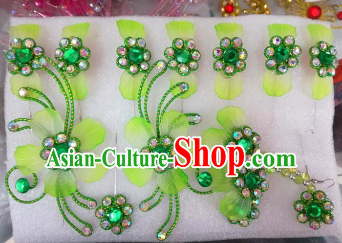 Chinese Traditional Beijing Opera Hair Accessories Peking Opera Princess Green Flowers Hairpins Complete Set for Adults