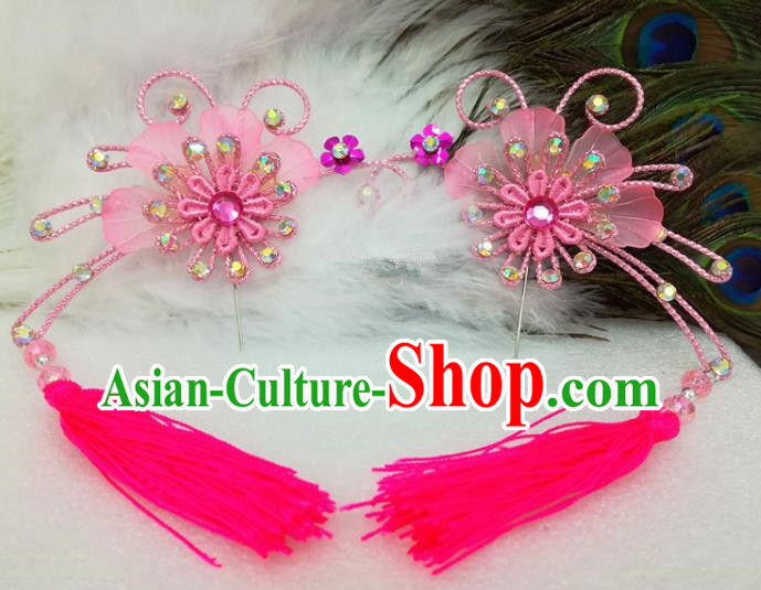 Chinese Traditional Beijing Opera Actress Pink Tassel Flower Hair Clips Hair Accessories Ancient Hairpins for Adults