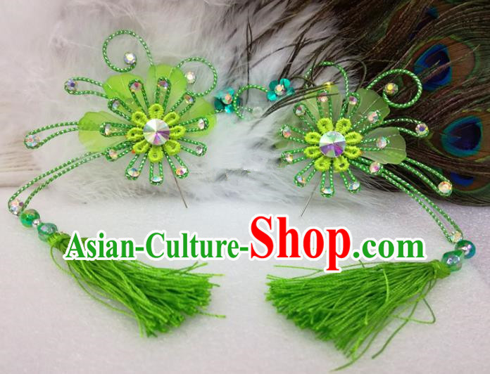 Chinese Traditional Beijing Opera Actress Green Tassel Flower Hair Clips Hair Accessories Ancient Hairpins for Adults