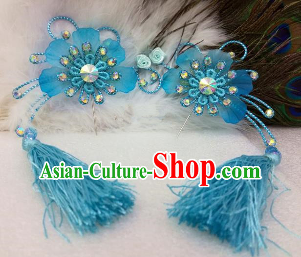 Chinese Traditional Beijing Opera Actress Blue Tassel Flower Hair Clips Hair Accessories Ancient Hairpins for Adults