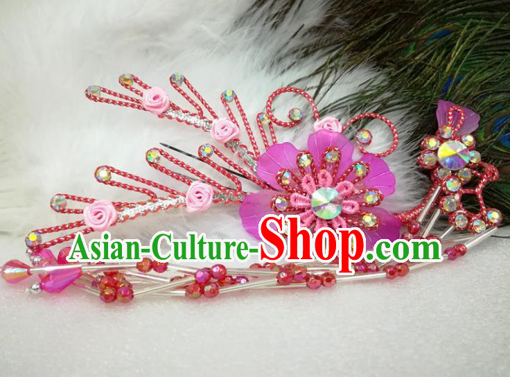 Chinese Traditional Beijing Opera Actress Purple Flower Hairpins Hair Accessories for Adults