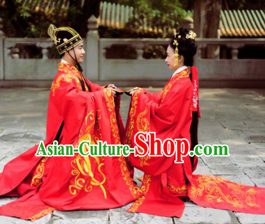 Chinese Ancient Han Dynasty Bride and Bridegroom Wedding Historical Costumes Complete Set