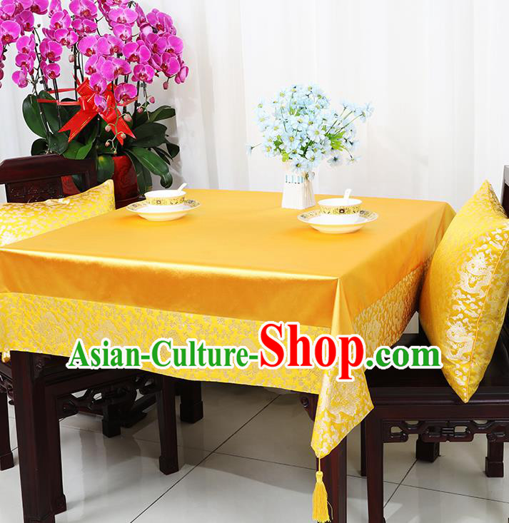 Chinese Traditional Dragons Pattern Golden Brocade Table Cloth Classical Satin Household Ornament Desk Cover